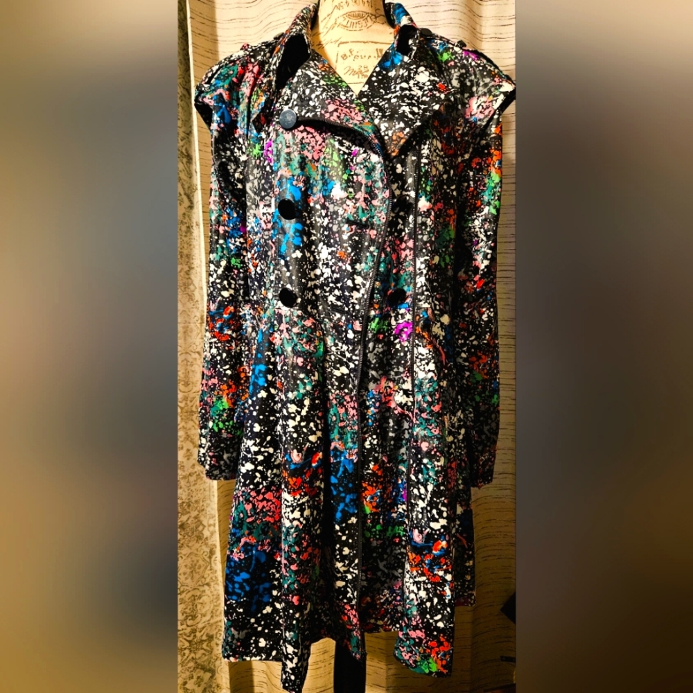 Rachel Roy ladies med paint splatter print raincoat trenchcoat removable sleeves